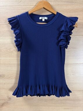 Lalavon Navy Ruffle Trim Vintage Inspired Knit Top Small